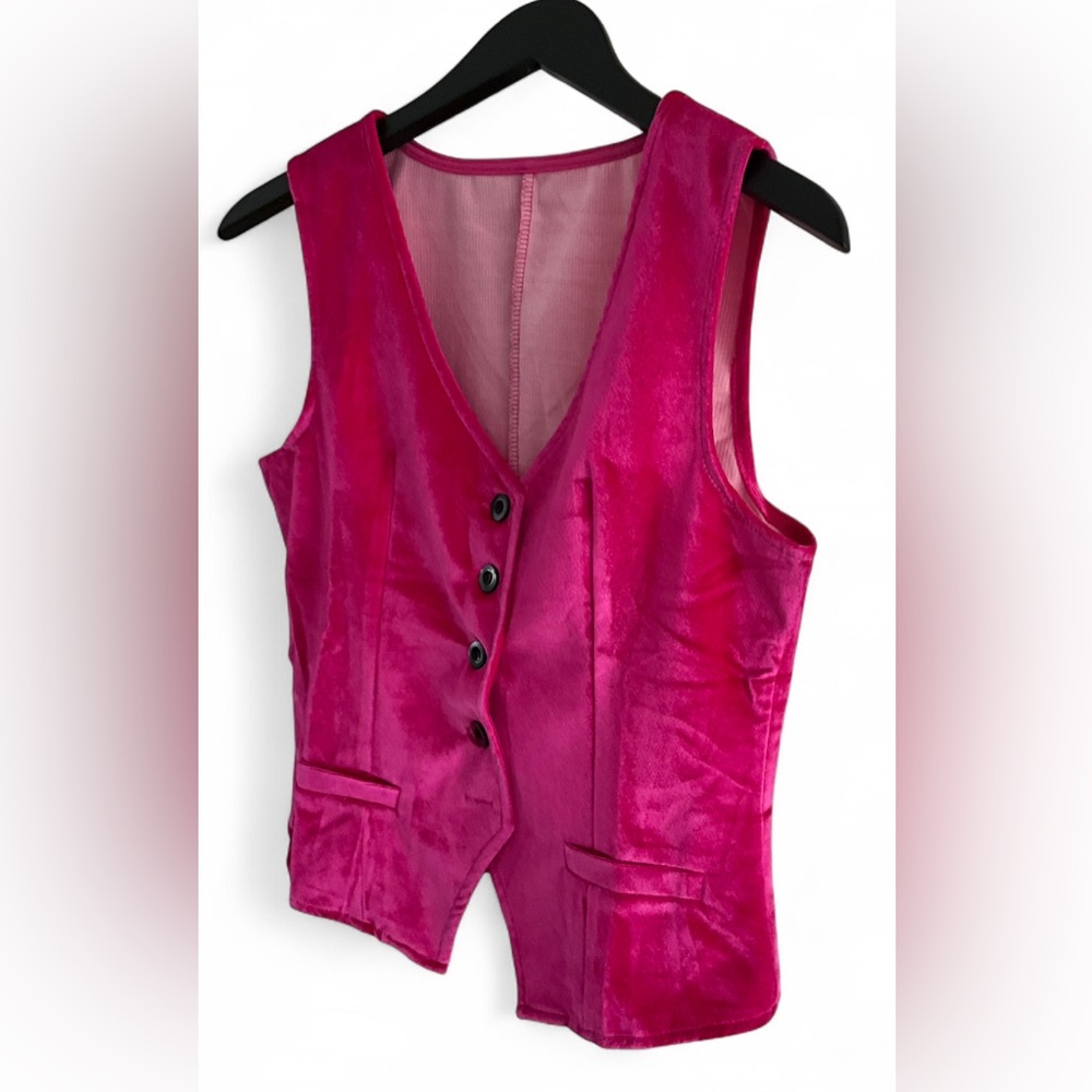 NWOT Y2K Retro | SZ M | Velvet Pink Boho Button-Up Vest Top - Picture 6 of 8